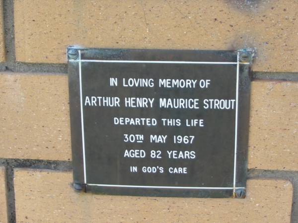 Arthur Henry Maurice STROUT  | 30 May 1967  | aged 82  |   | The Gap Uniting Church, Brisbane  | 