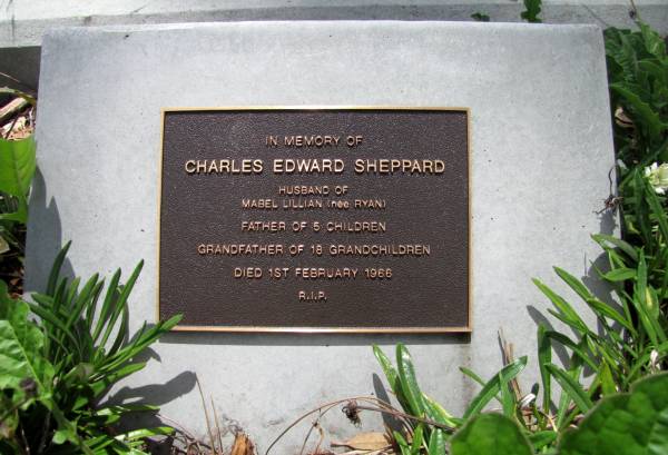 Charles Edward SHEPPARD died 1 Feb 1966  | husband of Mabel Lillian (nee Ryan)  |   | Copyright: Jan Phillips  | Tingalpa Christ Church (Anglican) cemetery, Brisbane  |   | 