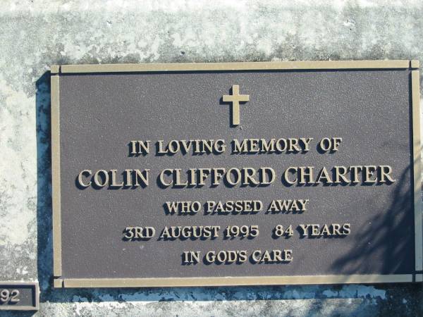 Colin Clifford CHARTER,  | died 3 Aug 1995, 84 years;  | Woodford Cemetery, Caboolture  | 