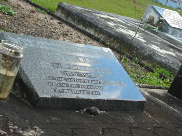 Reta CRAIG, wife of John,  | died 19-2-66;  | Woodford Cemetery, Caboolture  | 