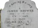 
James BROWNE,
died 6 April 1890 aged 41 years;
Margaret,
wife,
died 7 Sept 1907 aged 58 years;
Thomas George, son,
died 2 Feb 1889 aged 13 months;
erected by children;
John Foster BROWNE,
died 3 Dec 1960 aged 80 years;
Yangan Anglican Cemetery, Warwick Shire
