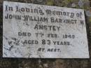
John William Barrington ANSTEY,
died 7 Feb 1940 aged 83 years;
Sarah ANSTEY,
died 6 May 1951 aged 81 years;
Yangan Anglican Cemetery, Warwick Shire
