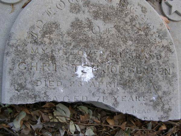 Christen JORGENSEN,  | husband,  | died 23 April 1907 aged 71 years;  | Yangan Presbyterian Cemetery, Warwick Shire  | 