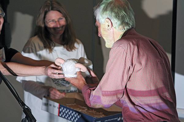 Andrew Lister, speechless on winning sheepskin tissue box cover prize,  | DSTC Farewell Symposium, 28 July 2005  | 