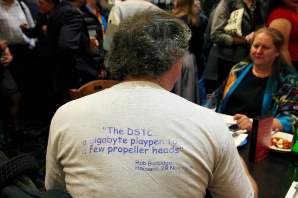 DSTC  gigabyte playpen for a few propellor heads  T-shirt, on David Leonard  | 