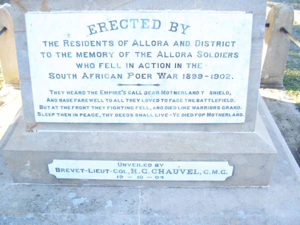 unveiled by H.C. CHAUVEL, 19 Oct 1904  | Boer War Memorial in War memorial Allora, Warwick  | 
