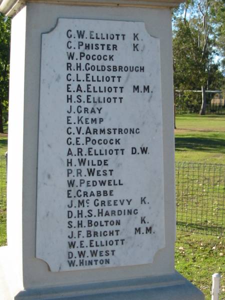 The Amberley boys who took part in the Great War 1914-1918  | G.W.ELLIOTT               K  | C.  PHISTER               K  | W.  POCOCK  | R.H.GOLDSBROUGH  | C.L.ELLIOTT               M.M.  | H.S.ELLIOTT  | J.  GRAY  | E.  KEMP  | C.V.ARMSTRONG  | G.E.POCOCK  | A.R.ELLIOTT               D.W.  | H.  WILDE  | P.R.WEST  | W.  PEDWELL  | E.  CRABBE  | J.  McGREEVY              K.  | D.H.S. HARDING  | S.H.BOLTON                K.  | J.F.BRIGHT                M.M.  | W.E.ELLIOTT  | D.W.WEST  | W.  HINTON  | Amberley War Memorial, Ipswich  | 