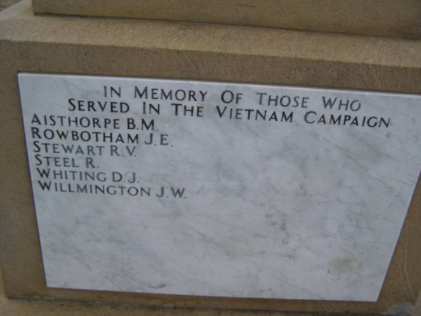 B.M. AISTHORPE  | J.E. ROWBOTHAM  | R.V. STEWART  | R.   STEEL  | D.J. WHITING  | J.W. WILLMINGTON  | Cambooya War Memorial  |   | 