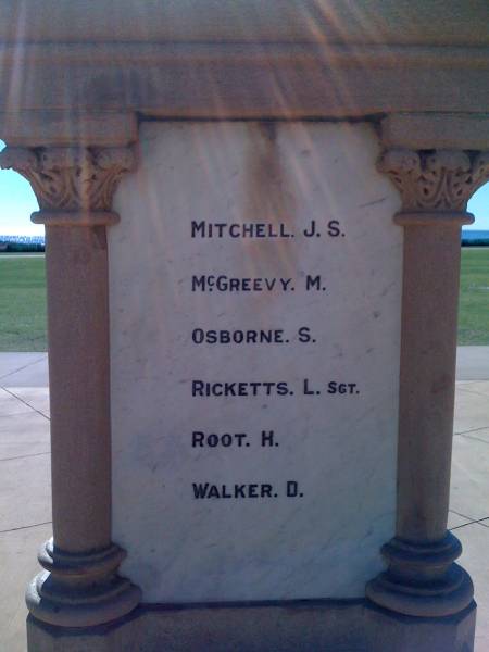 J S MITCHELL  | M McGREEVY  | S OSBORNE  | L RICKETTS  | H ROOT  | D WALKER  |   | Coolangatta War Memorial  |   | 