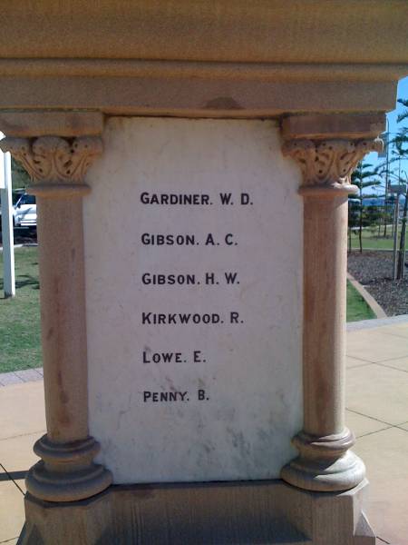 W D GARDINER  | A C GIBSON  | R KIRKWOOD  | E LOWE  | B PENNY  |   | Coolangatta War Memorial  |   | 