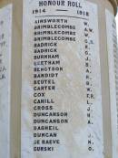 Honour roll 1914 - 1918  Ainsworth W Brimblecombe A W Brimblecombe W Brimblecombe G S Badrick H Badrick G Burnham J Beetham B Bengtson A Bandidt H Beutel B Carter W Cox F R Cahill L Cross J Duncanson H Duncanson A Dasheil Duncan J De Raeve H Gurski O  Forest Hill War Memorial, Laidley  