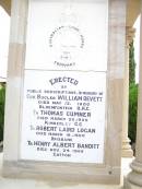 William DEVETT       d: 12 May 1900, Bloemfontein O.R.C. Thomas CUMNER        d: 20 Mar 1900, Kimberley C-C Robert Laird LOGAN   d: 18 Mar 1900, Brisbane Henry Albery BANDITT d: 24 Nov 1906, Gatton  Gatton War Memorial  
