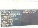 Deceased members of RSL Helidon sub-branch Drew M J Kearney L E Schneider J L * Horsbrugh A M * (rev) Underwood R N * Faulkner H H Clarke G G * Stickels M J * McCarthy K G Grove J B Lawler J M Topp N S * Scanlan P J Johnson D H Graham J R Thomson A G Glanville D R Kennedy K W Harris M Greer F J Krause E S Kluck J F McGovern M J  Myers A G Heard W A Wrigglesworth H Tarrant L J R Cross R T Montgomery W J Lawler R J Kamp L W Henson Lily Reid B Kenafake D J Henson K W  Connole P J Sharp J Harrington G Adams J Carey M Stephens T A Price H V L Evans G Holmes S Porter L C Norris C Montgomery R T Jenkins K C Knowles F Hogan R J * O'Neill C P Kettle L J D Thomas J L Nobes W J * service members  Helidon War Memorial  