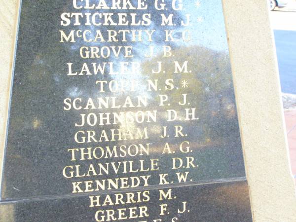 Deceased members of RSL Helidon sub-branch  | Drew M J  | Kearney L E  | Schneider J L *  | Horsbrugh A M *  | (rev) Underwood R N *  | Faulkner H H  | Clarke G G *  | Stickels M J *  | McCarthy K G  | Grove J B  | Lawler J M  | Topp N S *  | Scanlan P J  | Johnson D H  | Graham J R  | Thomson A G  | Glanville D R  | Kennedy K W  | Harris M  | Greer F J  | Krause E S  | Kluck J F  | McGovern M J  |   | Myers A G  | Heard W A  | Wrigglesworth H  | Tarrant L J R  | Cross R T  | Montgomery W J  | Lawler R J  | Kamp L W  | Henson Lily  | Reid B  | Kenafake D J  | Henson K W  |   | Connole P J  | Sharp J  | Harrington G  | Adams J  | Carey M  | Stephens T A  | Price H V L  | Evans G  | Holmes S  | Porter L C  | Norris C  | Montgomery R T  | Jenkins K C  | Knowles F  | Hogan R J *  | O'Neill C P  | Kettle L J D  | Thomas J L  | Nobes W J  | * service members  |   | Helidon War Memorial  |   | 