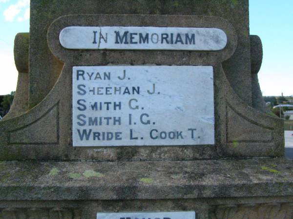 J RYAN  | J SHEEHAN  | G SMITH  | I G SMITH  | L WRIDE  | T COOK  | Killarney War Memorial - Warwick Shire  | 