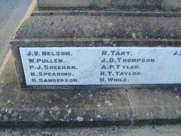 J V NELSON  | W PULLEN  | P J SHEEHAN  | N SPEARING  | H SANDERSON  | R TART  | J D THOMPSON  | A P TYLER  | H T TAYLOR  | H WHILE  |   | Killarney War Memorial - Warwick Shire  | 