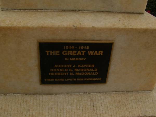 August J Kayser  | Donald S McDonald  | Herbert N McDonald  | Lyndoch war memorial, Barossa Valley, South Australia  | 