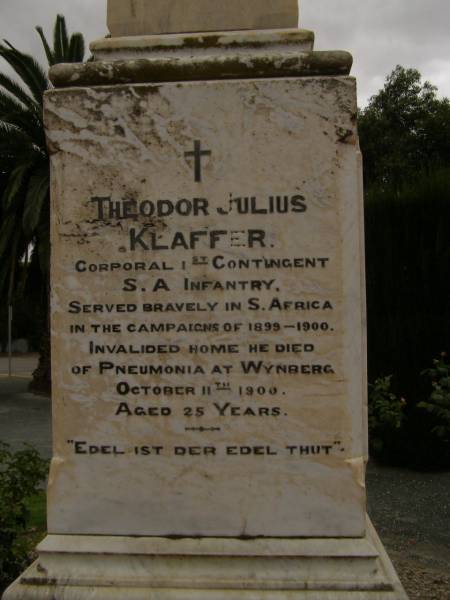 Theodor Julius KLAFFER. d: 11 Oct 1900, aged 25  | Lyndoch war memorial, Barossa Valley, South Australia  | 