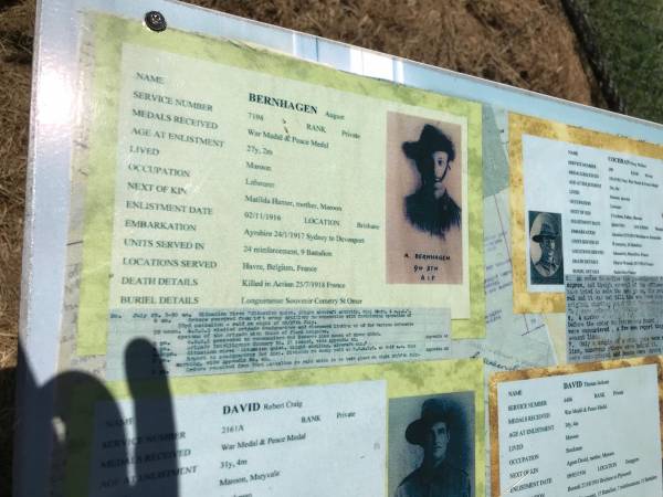 August BERNHAGEN  | lived Maroon  | age enlisted 27y 2m  | date enlisted 2 Nov 1916  | d 25 Jul 1918 France  | Mother: Matilda Hamer (Maroon)  |   | Maroon War Memorial  |   |   | 
