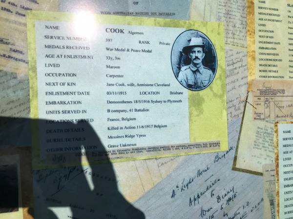 Algernon COOK  | lived maroon  | age enlisted 33y 3m  | date enlisted 3 Nov 1915  | d 11 Jun 1917 Belgium  | wife Jane Cook (Armistone Cleveland)  |   | Maroon War Memorial  |   |   | 