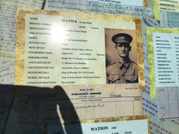 George Phillip SLATTER  | lived Maroon, Englesburg/Kalbar  | age enlisted 22y 3m  | date enlisted 10 Feb 1916  | d: 29 Jan 1918 France  | father Johnathon Slatter (Maroon)  |   | Maroon War Memorial  |   |   | 