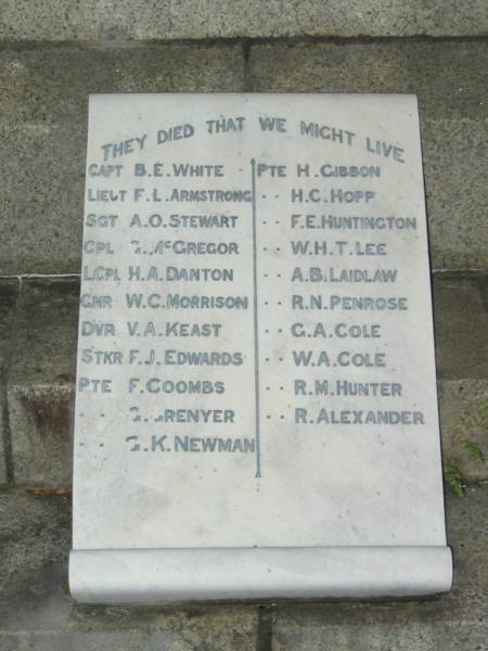 B E White  | F L Armstrong  | A O Stewart  | G McGregor  | H A Danton  | W C Morrison  | V A Keast  | F J Edwards  | F Coombs  | G Grenyer  | G K Newman  | H Gibbon  | H C Hopp  | F E Huntington  | W H T Lee  | A B Laidlaw  | R N Penrose  | G A Cole  | W A Cole  | R M Hunter  | R Alexander  |   | Mowbray Park, East Brisbane  |   | 