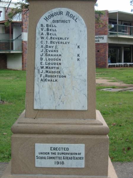 Honour Roll  | District  |   | B BELL  | V BELL  | A BELL  | W C BEVERLEY  | C T BEVERLEY  | A DAY                      K  | J EVANS  | J GRAHAM                   K  | D LOUDEN                   K  | E LOUDEN  | W MARTIN  | J MADDOX  | R ROBERTSON  | A CHALK  |   | erected 1918  | Mount Alford war memorial, (inside State School grounds), Boonah Shire.  |   | 