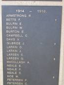 1914 - 1918 R ARMSTRONG F BETTS E BULFIN W BULFIN E BURTON C CAMPBELL V DAVIS J GILBRIDE D LARKIN J LARKIN C LARSEN G LARSEN A McCULLAGH E NEALE P NEALE S NEALE W NOE F PETERSEN C PETERSEN  Nobby War Memorial, Clifton Shire 