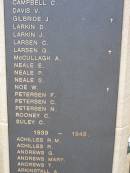 1914 - 1918 ... C CAMPBELL V DAVIS J GILBRIDE D LARKIN J LARKIN C LARSEN G LARSEN A McCULLAGH E NEALE P NEALE S NEALE W NOE F PETERSEN C PETERSEN N PETERSEN C ROONEY C SULEY  1939 - 1945 R M ACHILLES R ACHILLES G ANDREWS Mary ANDREWS T ANDREWS A ARKINSTALL  Nobby War Memorial, Clifton Shire 