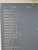 1939 - 1945 W FRAHM E FRANKE L FREE C GAMBLING J GILBRIDE J GRAYSON K GRAYSON L GRAYSON W GRAYSON D JORGENSEN L JORGENSEN J KUHN A KYTE W KYTE K LANGSDORF A LOVETT Nobby War Memorial, Clifton Shire 