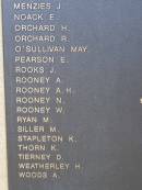 1939 - 1945 J MENZIES E NOACK H ORCHARD R ORCHARD May O'SULLIVAN E PEARSON J ROOKS A ROONEY A H ROONEY N ROONEY W ROONEY M RYAN M SILLER K STAPLETON K THORN D TIERNEY H WEATHERLEY A WOODS  Nobby War Memorial, Clifton Shire 