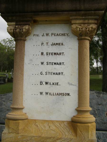 JW Peachey  | PT James  | R  Stewart  | W  Stewart  | G  Stewart  | D  Wilkie  | W  Williamson  |   | Pimpama and Ormeau War Memorial, Gold Coast  | 