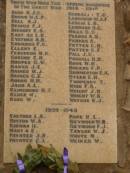 War Memorial, Quorn, South Australia  1914 - 1918 BURR R.J.C BROWN W.G.P. BELL A.J. DENNIS F.J. DIENOFF E.S. EASTHER L.R. EASTHER A.B. EDWARDS F.C. ELLERY E. FERGUSON M.N. GREGOR E.H. HOOPER G.W. HAWES J.E. HAINES H.J. HAINES C.E. HOBBS H.H. JAGO A.L. KLINGBERG H.T. KLUDGE W. KING W. KENEALLY T.C. LARWOOD W.J.F. LESLIE L.B. LEHMANN H.G. MILLS S.S. PEARCE A.S. PARKES A. PATTEN C.D. PATTEN G.F. PILL J.G. PASCALL H.H. ROWE W.H. ROGERS F.P. SUMMERTON E.A. STEER E.H. TWOPENNY T WISE F.S. WRIGHT J.H. WRIGHT W.B. WATSON R.J.  1939 - 1945 EASTHER L.A. HINTON W.A. KIRWAN D MARTIN E PAYNTER J.R. PAYNTER C.L. POPE R.L. SEYMOUR W.R. SEYMOUR F.J. TAYLOR W.J. WHITE M WEIKES W  