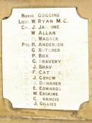 Nurse GOGGINS Lieut. W. RYAN M.C. Cpl. J. JARDINE Cpl. W. ALLAN Cpl. H. WAGNER Pte. H. ANDERSEN Pte. G. BUTCHER Pte. P. BOX Pte. G. BRAVERY Pte. J. BRAVERY Pte. F. CATTELL Pte. J. CONEW Pte. J. DANAHER Pte. E. EDWARDS Pte. W. ERSKINE Pte. C. FRANCIS Pte. J. GILLIES Tannymorel war memorial, Warwick shire  
