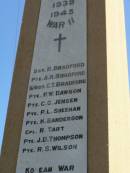 1939-1945 World War II Sgt. R. BRADFORD Pte. A.R. BRADFORD S/Sgt. C.T. BRADFORD Pte. P.W. DAWSON Pte. C.G. JENSEN Pte. P.L. SHEEHAN Pte. H. SANDERSON Cpl. R. TART Pte. J.D. THOMPSON Pte. R.S. WILSON Tannymorel war memorial, Warwick shire  