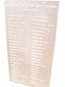 In memory of those who served 1939 - 1945  AISBETT D AISBETT J BAILEY W G BALSILLIE G F BEIN A BEST D G BEST M A BEST V R BIDSTRUP C J BIDSTRUP H BIDSTRUP M BIDSTRUP N M BODY F G BRANDT L P CALLAGHAN W A CHASE W F CHARLES A D CLARK G I CLYNE L G CONNELL J M CONNELL R J CONWAY D A COOPER J COSS M COUGHMAN E E  CREIGHTON R E CROOKSTON H R DRIEMEL M H EDMUNDS R C H EDWARDS E A EDWARDS F J FARDON R K FINDLAY A P GAMES A H GARDINER K L GEORGE M L GORMLEY E A GORMLEY L C GREEN H S GRIFFITH S HALL G M HALL W H HARS K F HICKEY D HILL E A HILL G W HOLDEN A HUNT J P HURSE A G  War Memorial Hall Warra, Wambo Shire  