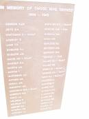 In memory of those who served 1939 - 1945  IVERSON K J H JEITZ E A KRATZMAN A LAMBLEY G LANE T D MAGUIRE H J MAGUIRE  J M MAINE H D MANTEIT G A MARTIN J W MARTIN T MATTHEWS J W MATHER A R McCALL A R McCARTHY N K McDIARMID D W McGOWAN W E McKAY J A MELDRUM W T MERKER G W MITCHELL R S MORRISON L J  MUHLING K T PERSSE G W RUSSELL D A RYAN A R SCHLOSS B J SCHRECK A M SCHRECK W N TEAGUE J VALLER F E WEBB J H WEBBER A A WEIR A J WHARTON A WHARTON F WHEEL H J R WILDMAN A W WILDMAN G A WILSON C B WITHNALL E S WORGAN J W WUNSCH V O ZARNKE R A  War Memorial Hall Warra, Wambo Shire  