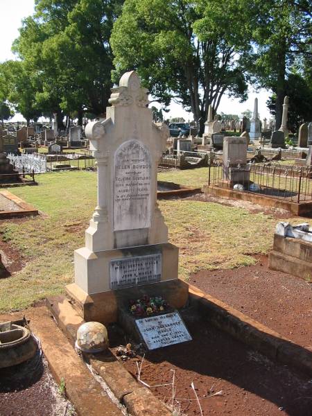 Helen BOWDON  | native of Selkirk, Scotland  | 20 Mar 1918  | aged 71  |   | Mina Bertha MAULE  | wife of  | John A MAULE  | 20 Sep 1954  | aged 80  |   | John Alexander MAULE  | 4 Aug 1955  | aged 83  |   | Drayton and Toowoomba Cemetery  |   | 