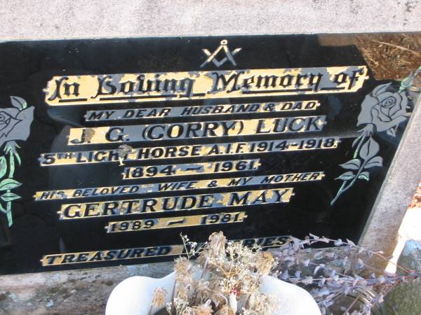 J G (Gorry) LUCK  | 1894 - 1961  |   | wife  | Gertrude May  | 1889 - 1981  |   | Drayton and Toowoomba Cemetery  |   | 