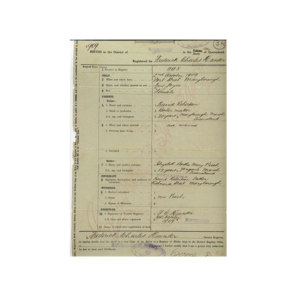 Iris Joyca Robertson birth certificate  | 2 Oct 1909  | F: David Robertson, 20 years, born Maryborough  | M: Elizabeth Bertha Mary Pioch, 17 yrs, born Yengarie  | 