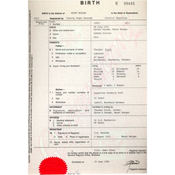 Birth certificate for Sydney Collins Pioch  |   | 