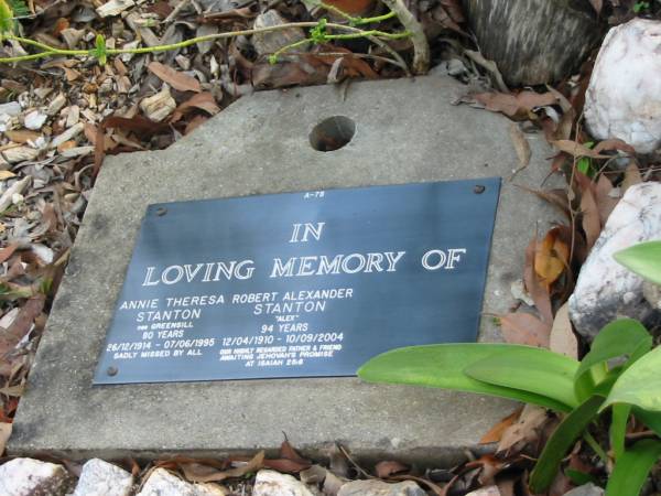 Annie Theresa STANTON  | (nee GREENSILL)  | B: 26 Dec 1914  | D: 7 Jun 1995  | aged 80  |   | Robert Alexander STANTON  | (Alex)  | B: 12 Apr 1910  | D: 10 Sep 2004  | aged 94  |   | Albany Creek Cemetery, Pine Rivers  |   | 