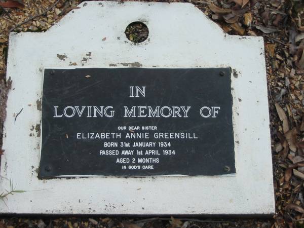 Elizabeth Annie GREENSILL  | B: 31 Jan 1934  | D:  1 Apr 1934  | aged 2 months  |   | Albany Creek Cemetery, Pine Rivers  |   | 