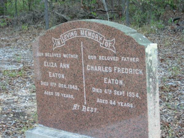 Eliza Ann EATON  | 11 Dec 1942  | aged 59  |   | Charles Fredrick EATON  | 4 Sep 1954  | aged 84  |   | Albany Creek Cemetery, Pine Rivers  |   | 