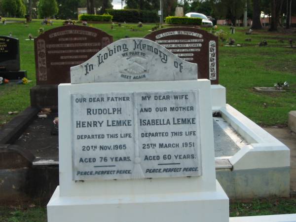 Rudolph Henry LEMKE  | 20 Nov 1965  | aged 76  |   | Isabella LEMKE  | 25 Mar 1951  | aged 60  |   | Albany Creek Cemetery, Pine Rivers  |   | 