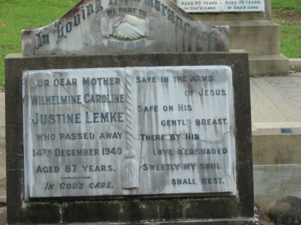 Wilhelmine Caroline Justine LEMKE  | 14 Dec 1940  | aged 87  |   | Albany Creek Cemetery, Pine Rivers  |   | 