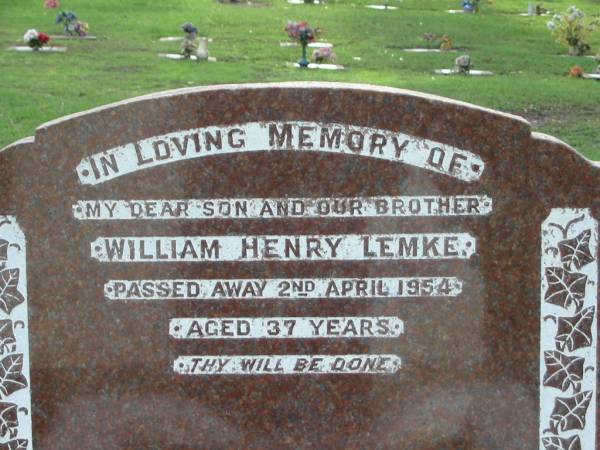 William Henry LEMKE  | 2 Apr 1954  | aged 37  |   | Albany Creek Cemetery, Pine Rivers  |   | 