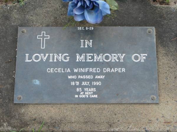 Cecelia Winifred DRAPER  | 18 Jul 1990  | aged 85  |   | Albany Creek Cemetery, Pine Rivers  |   | 