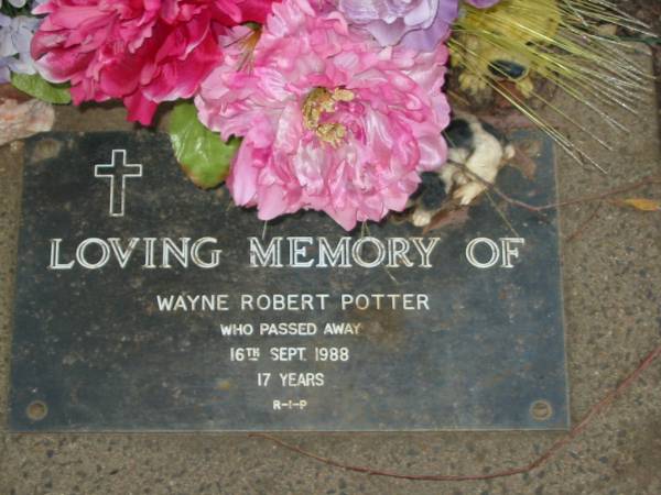 Wayne Robert POTTER  | 16 Sep 1988  | aged 17  |   | Albany Creek Cemetery, Pine Rivers  |   | 