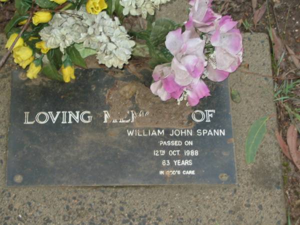 William John SPANN  | 12 Oct 1988  | aged 63  |   | Albany Creek Cemetery, Pine Rivers  |   | 